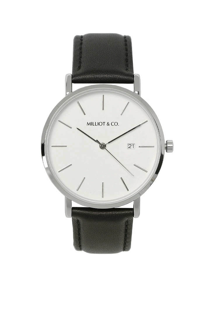 Milliotandco Accessories Greysen Silver Leather Strap Watch (Black)