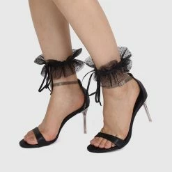 Milliotandco Disney Cinderella Bibbidi Bobbidi Boo Sparkly Tulle Anklet Heels Open Toe Heels (Black)